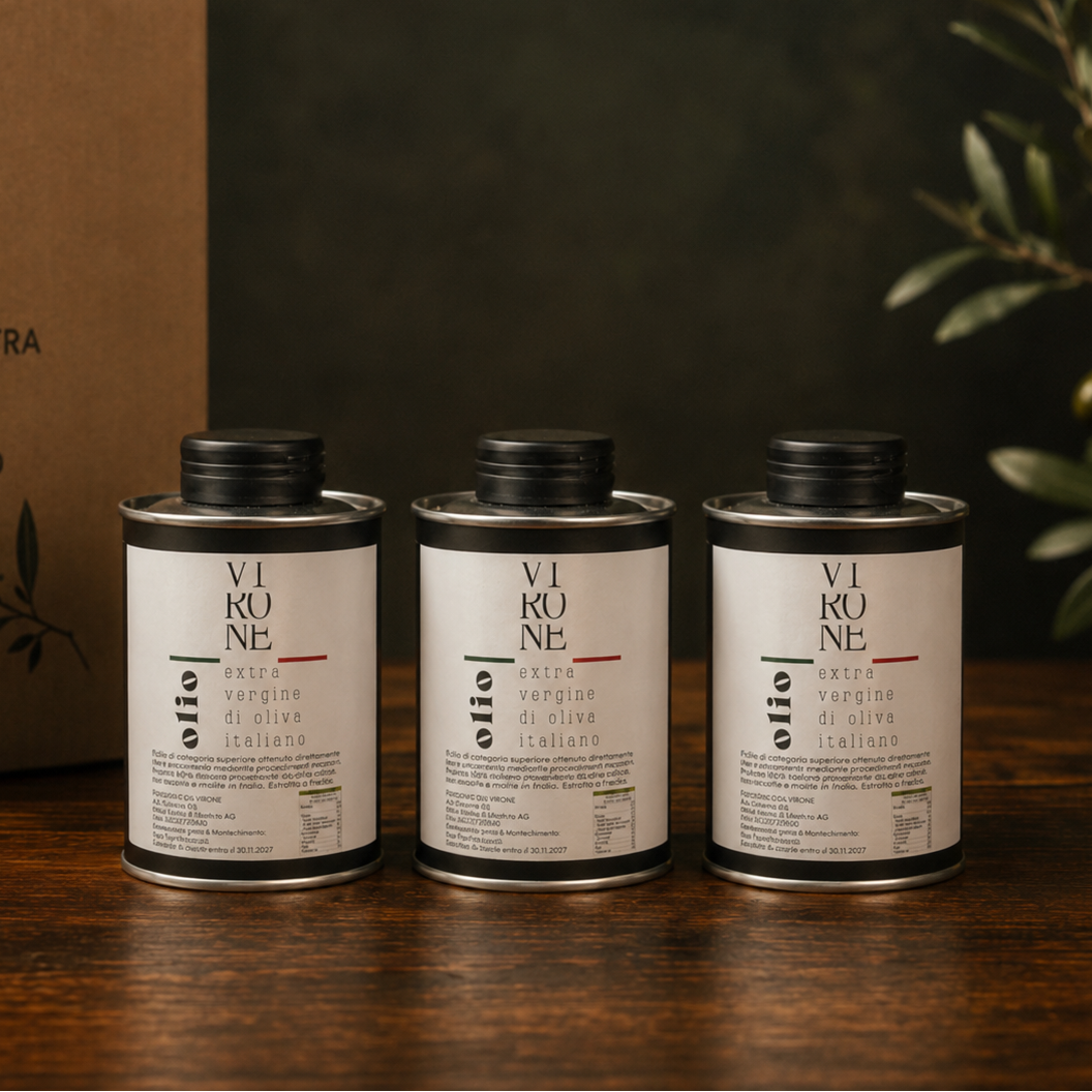 Box Degustazione Olio EVO Virone – Delicato, Fruttato e Intenso | 3 lattine da 0,1 L